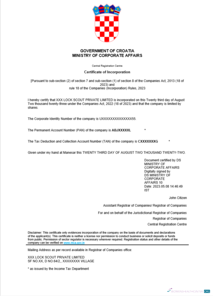 Download Croatia certificate of registration Word and PDF template Photoshop template